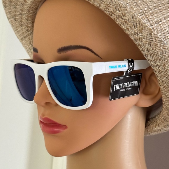 True Religion White Sunglasses with Blue Mirrored Lenses main image 4